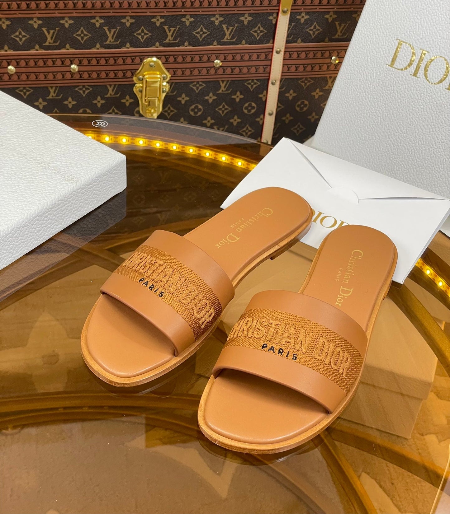 DIOR slide camel calfskin embroidered cotton