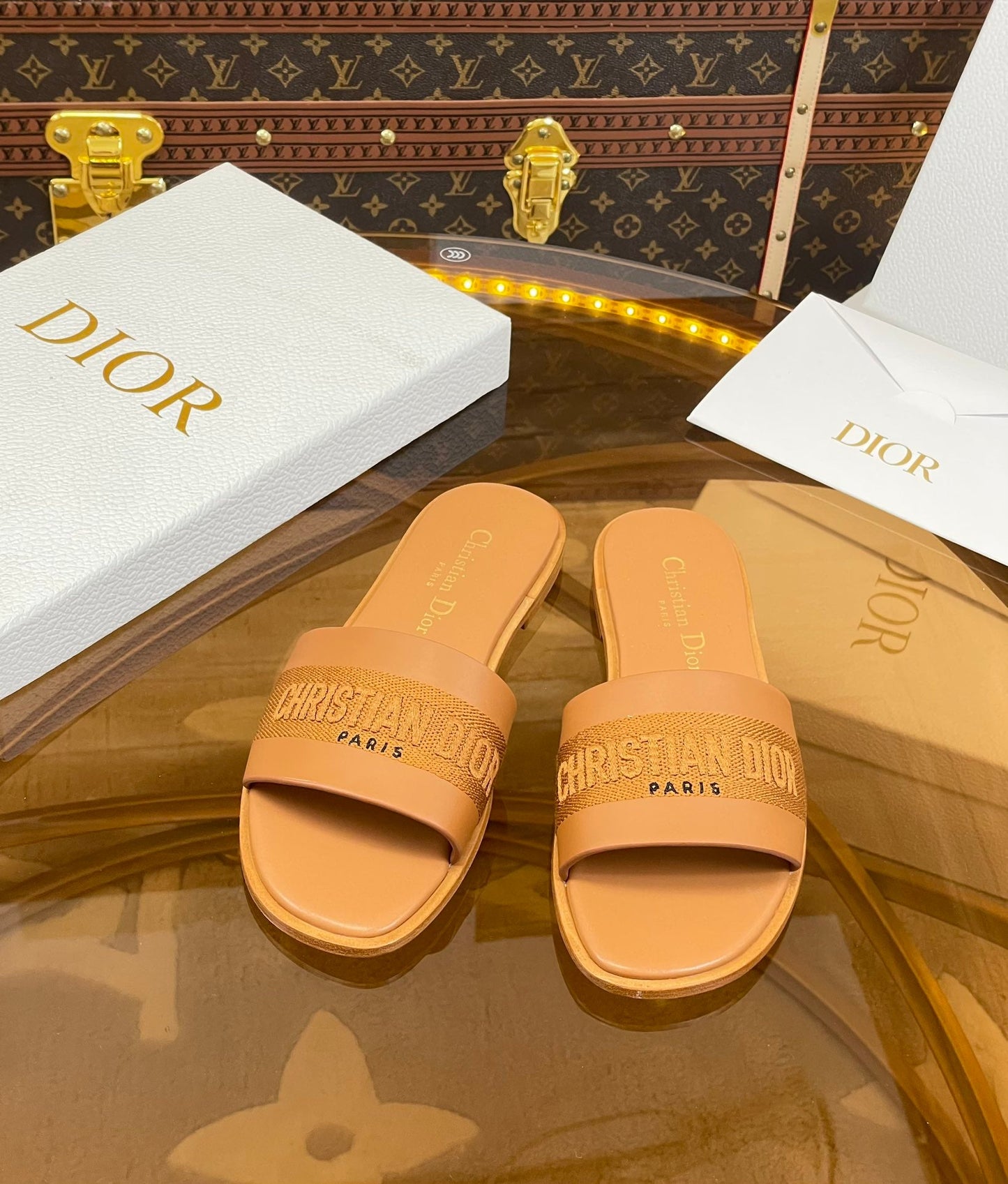 DIOR slide camel calfskin embroidered cotton