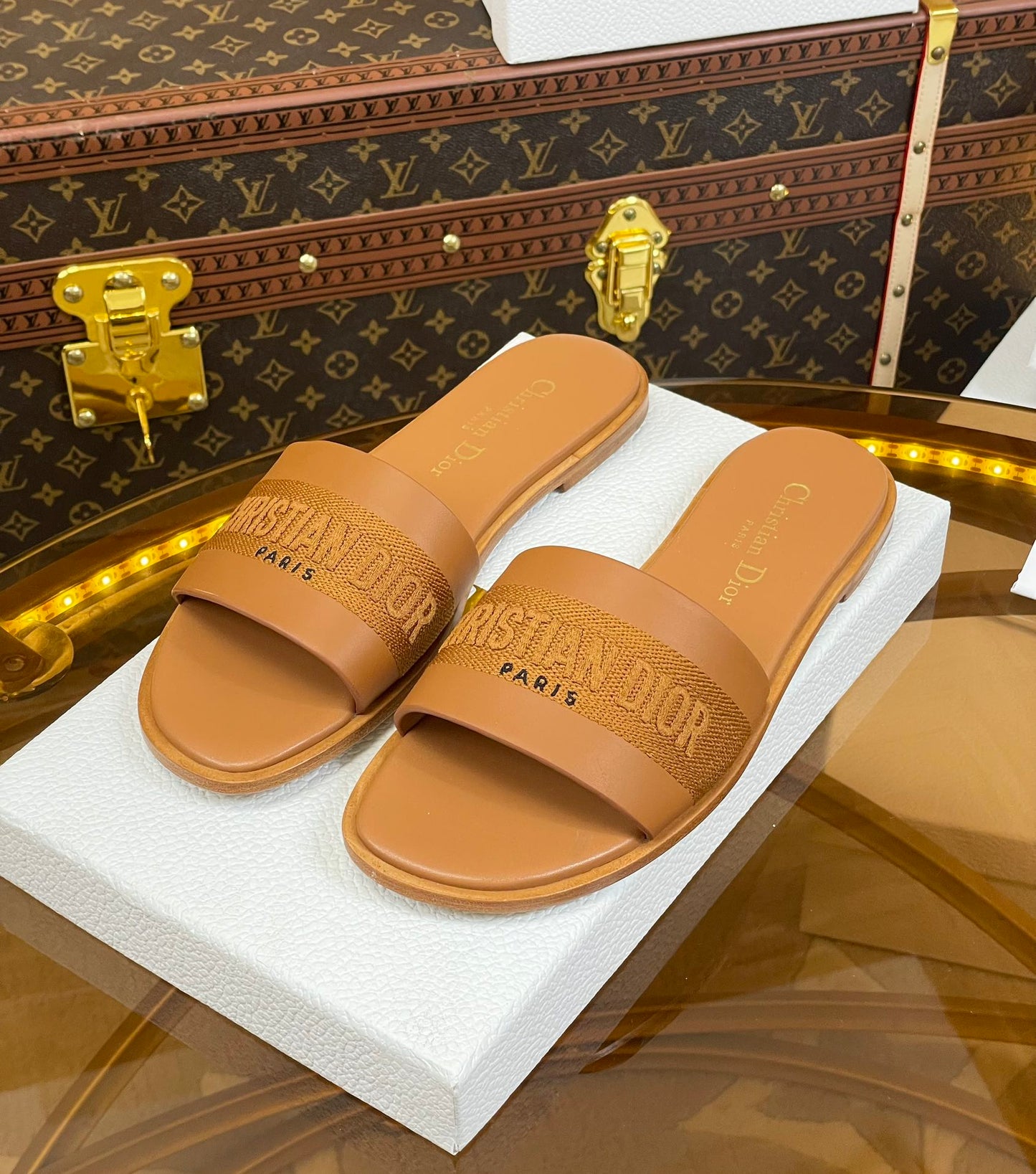 DIOR slide camel calfskin embroidered cotton