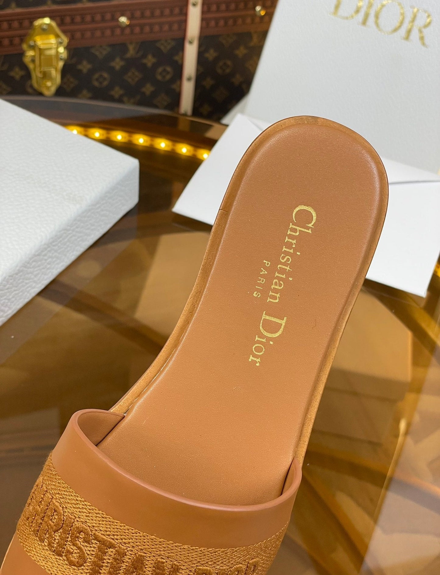 DIOR slide camel calfskin embroidered cotton