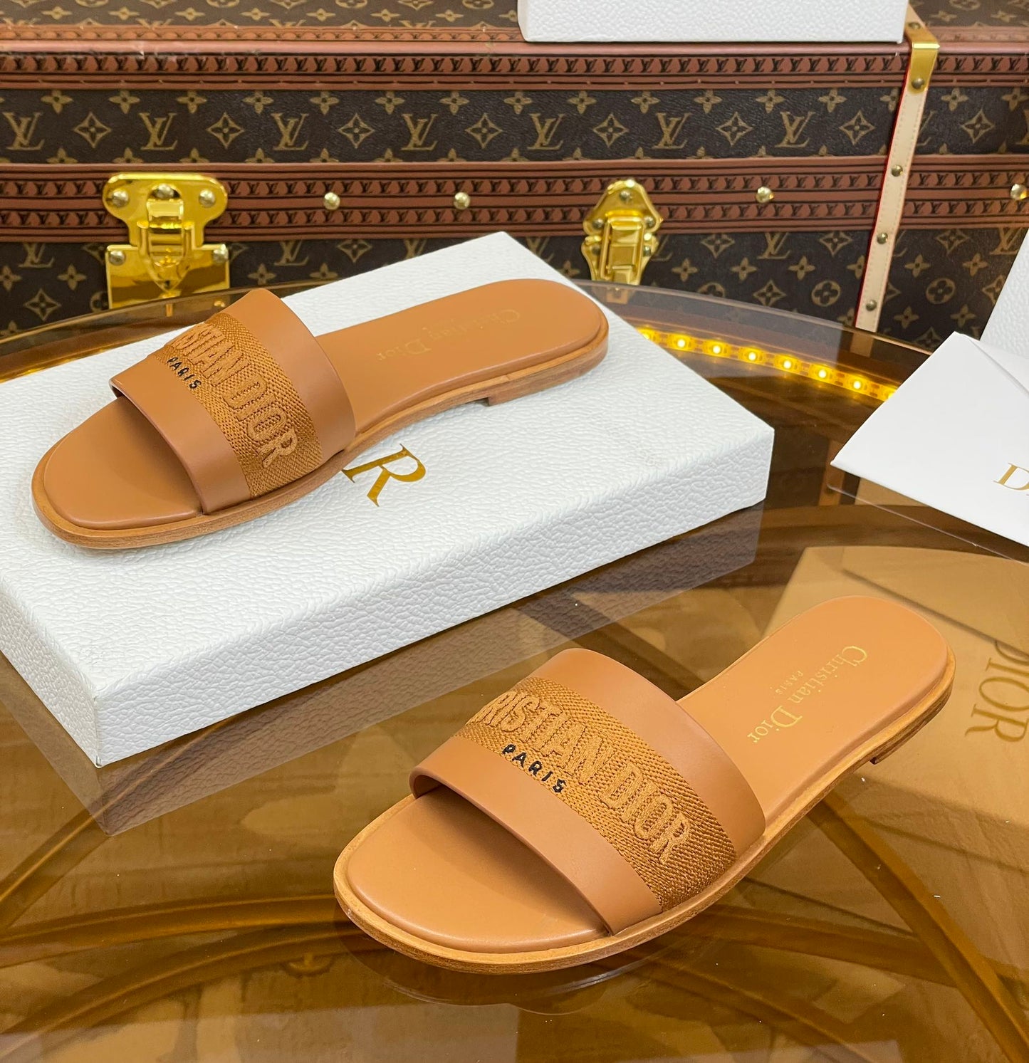 DIOR slide camel calfskin embroidered cotton
