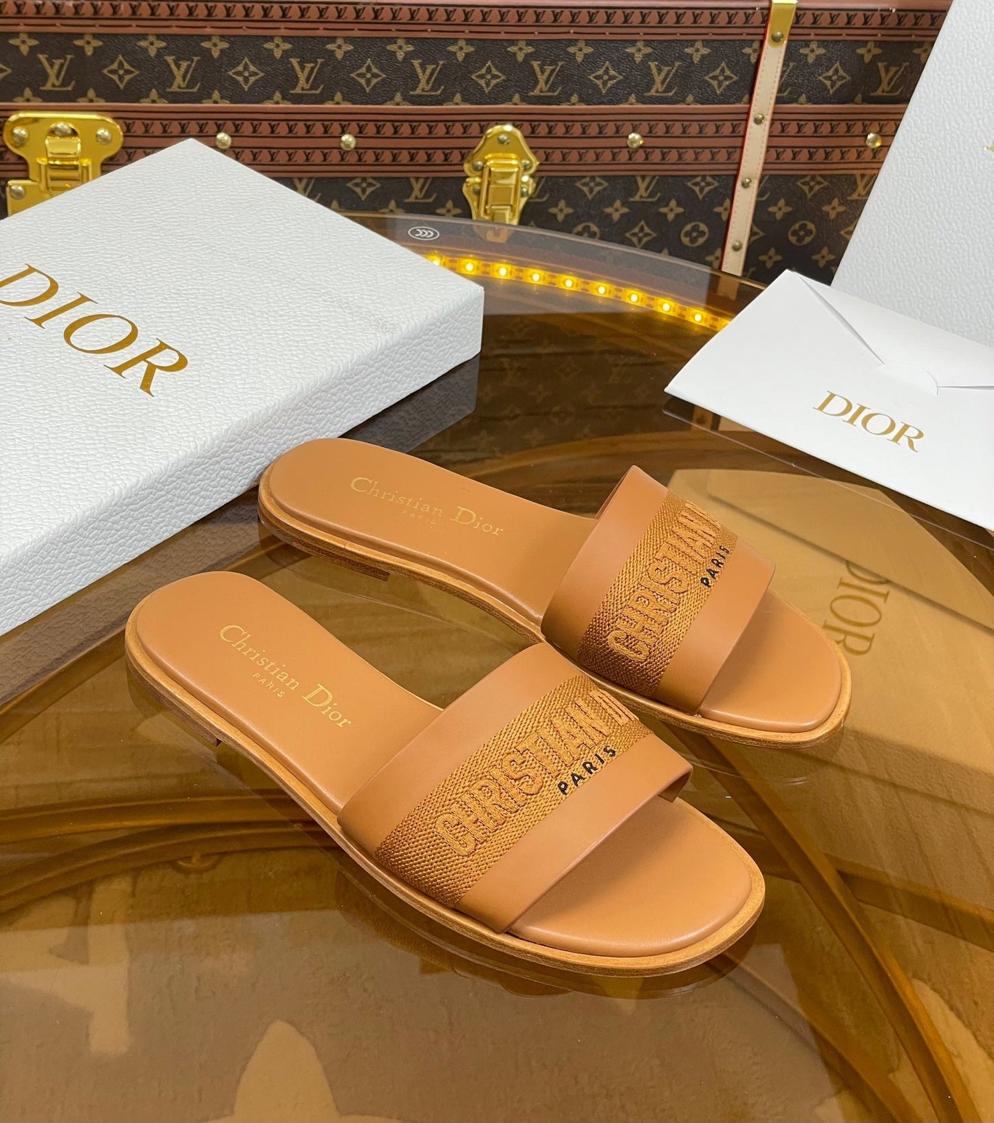 DIOR slide camel calfskin embroidered cotton