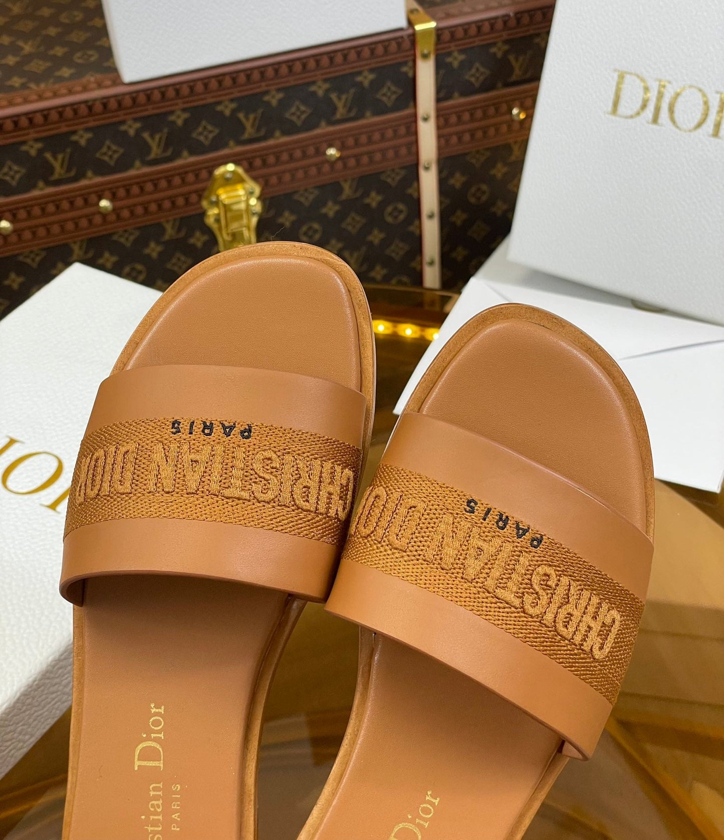 DIOR slide camel calfskin embroidered cotton