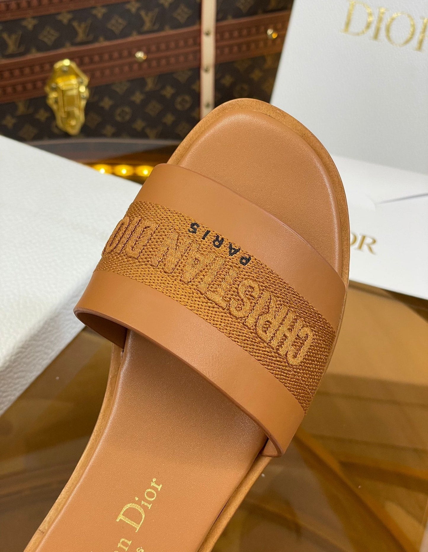 DIOR slide camel calfskin embroidered cotton
