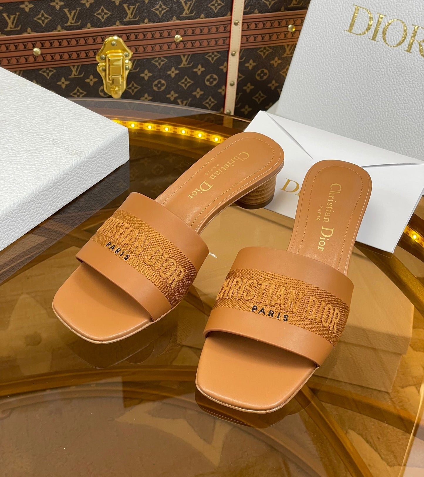 DIOR slide 45 camel calfskin embroidered cotton