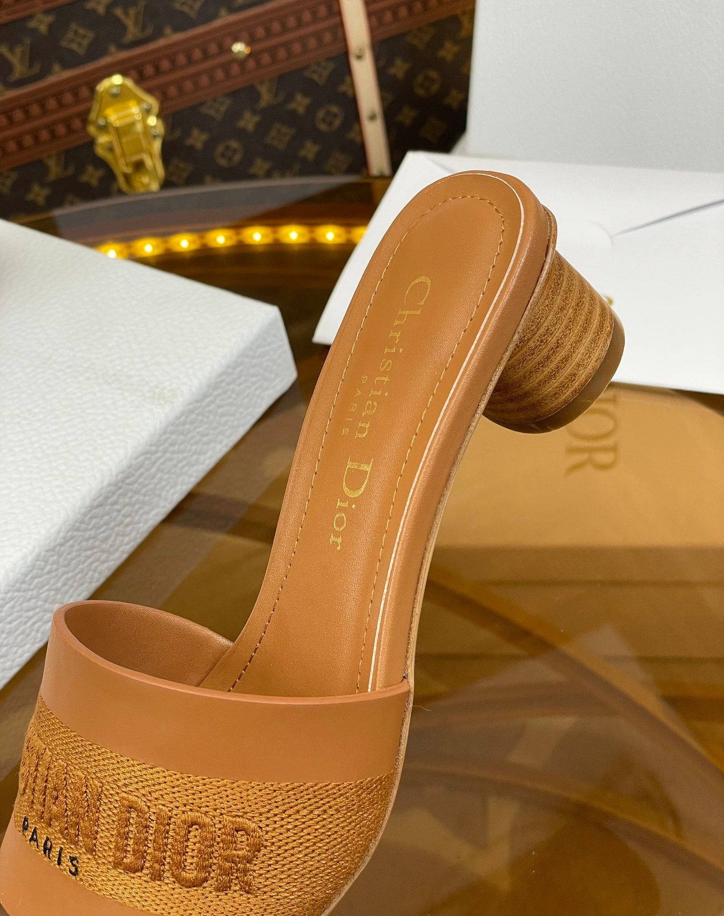 DIOR slide 45 camel calfskin embroidered cotton