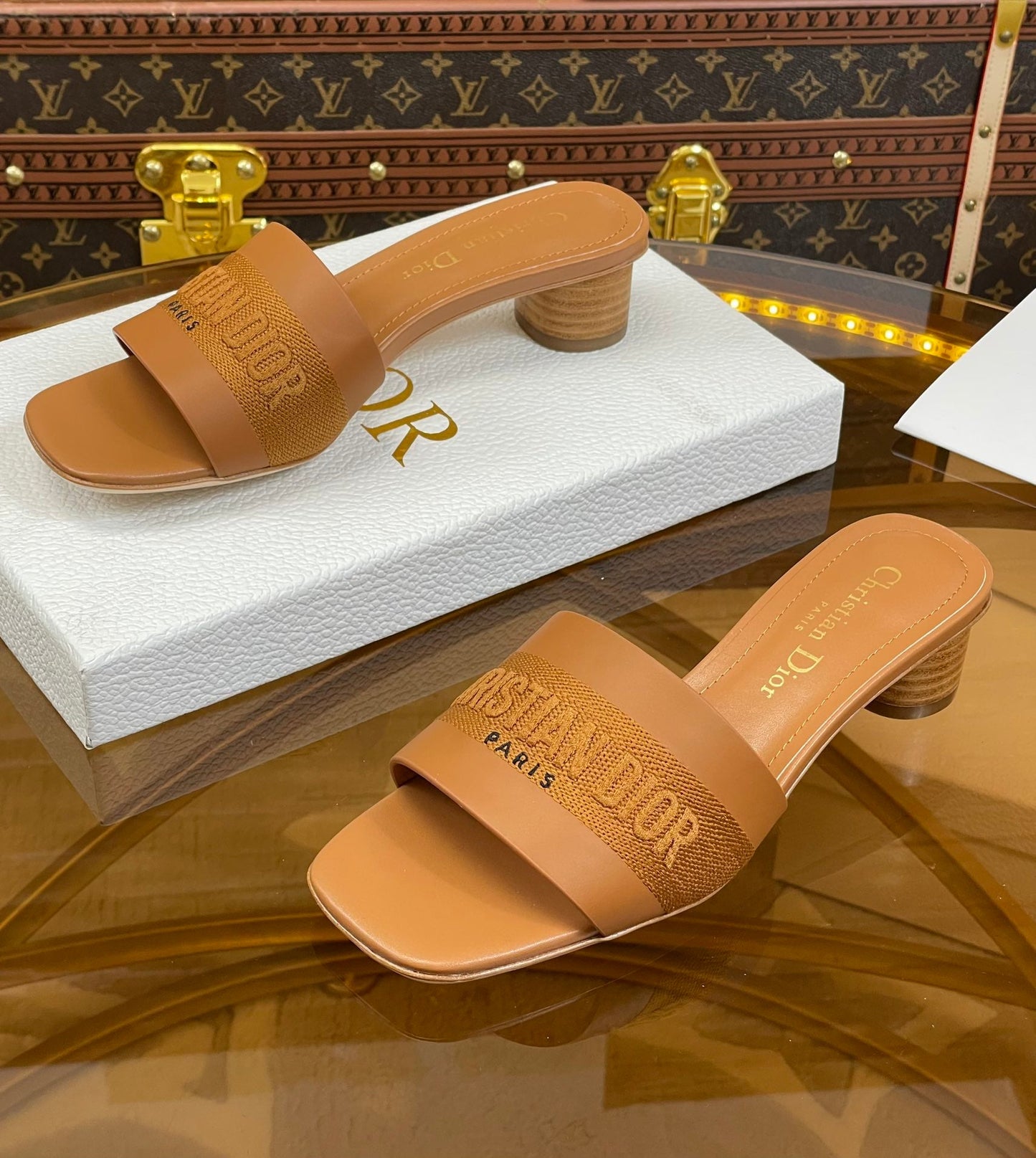 DIOR slide 45 camel calfskin embroidered cotton