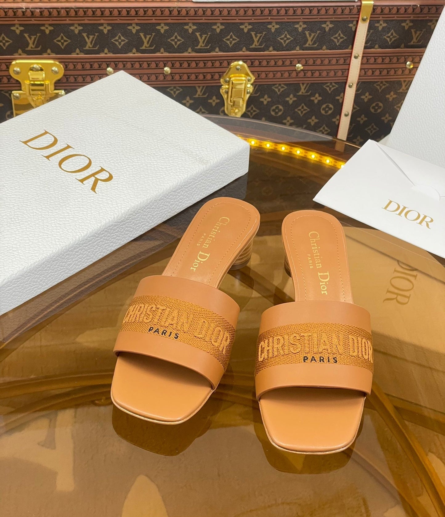 DIOR slide 45 camel calfskin embroidered cotton