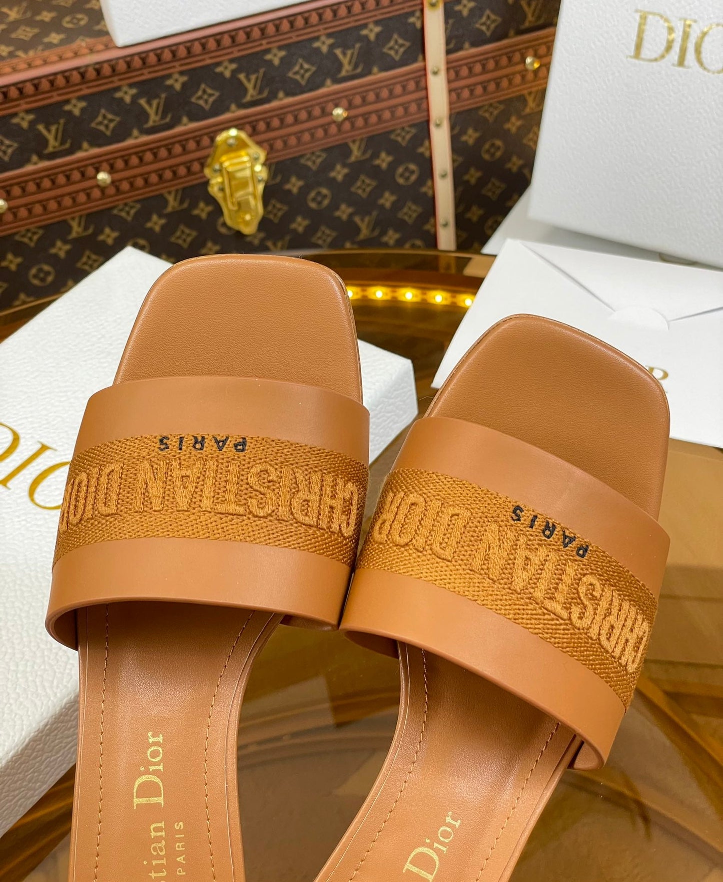 DIOR slide 45 camel calfskin embroidered cotton