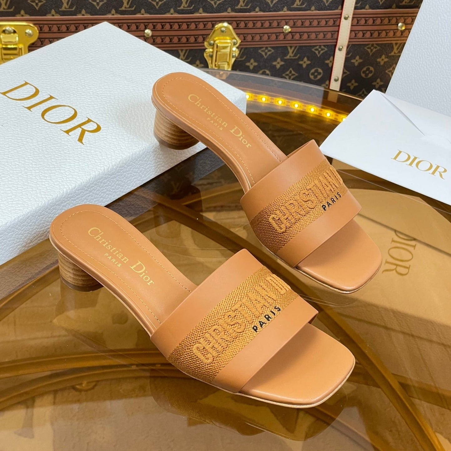 DIOR slide 45 camel calfskin embroidered cotton