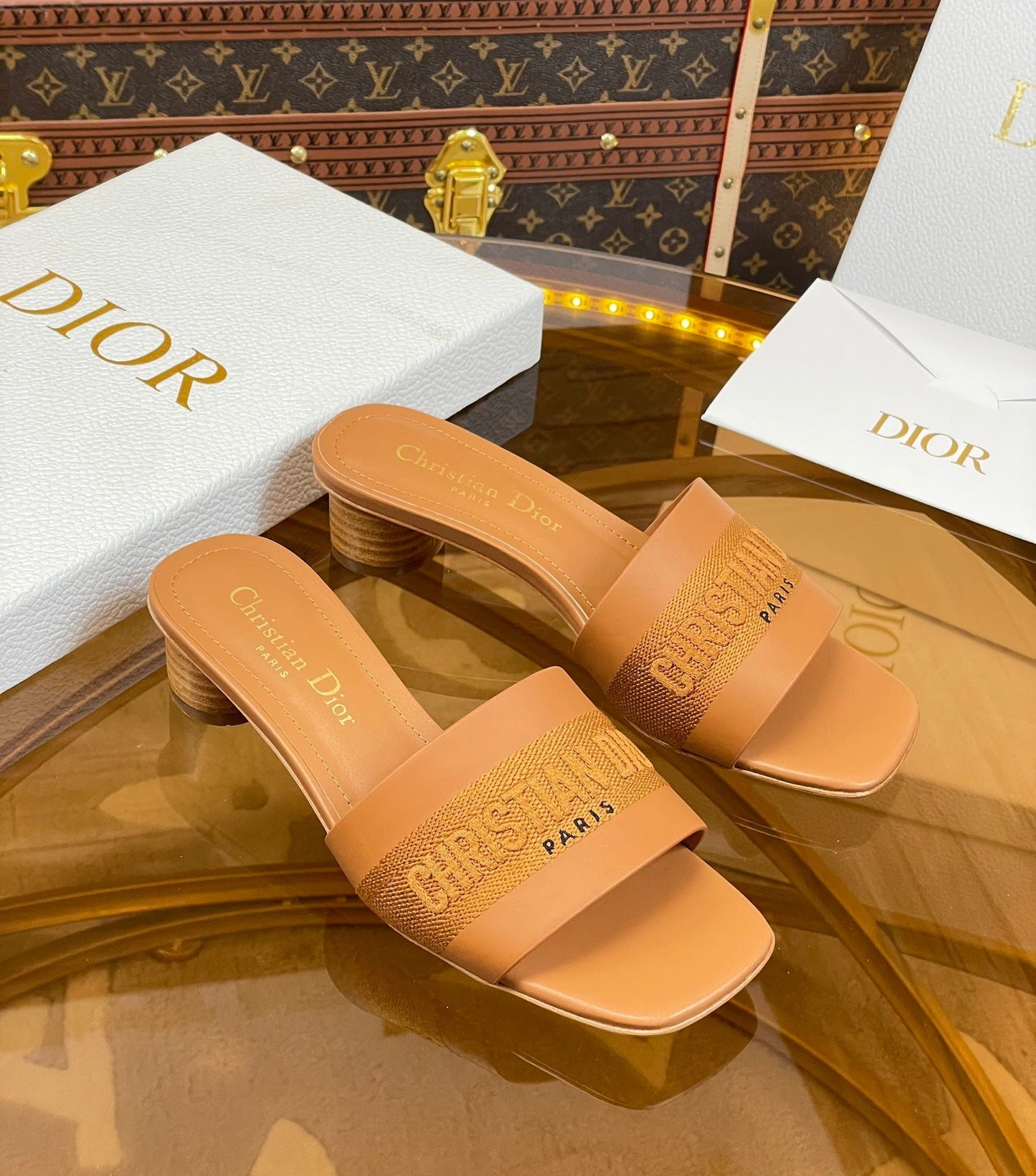 DIOR slide 45 camel calfskin embroidered cotton