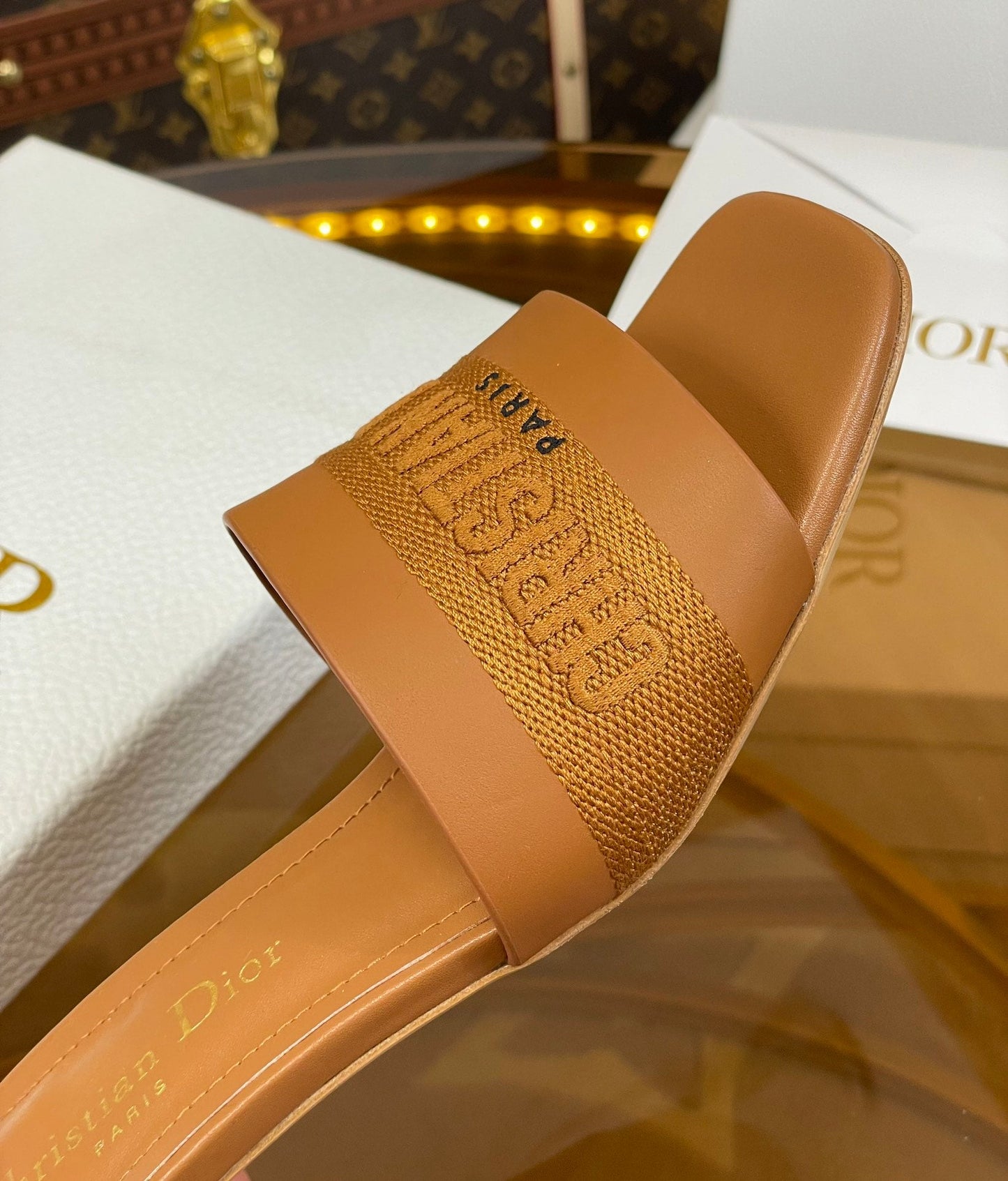 DIOR slide 45 camel calfskin embroidered cotton