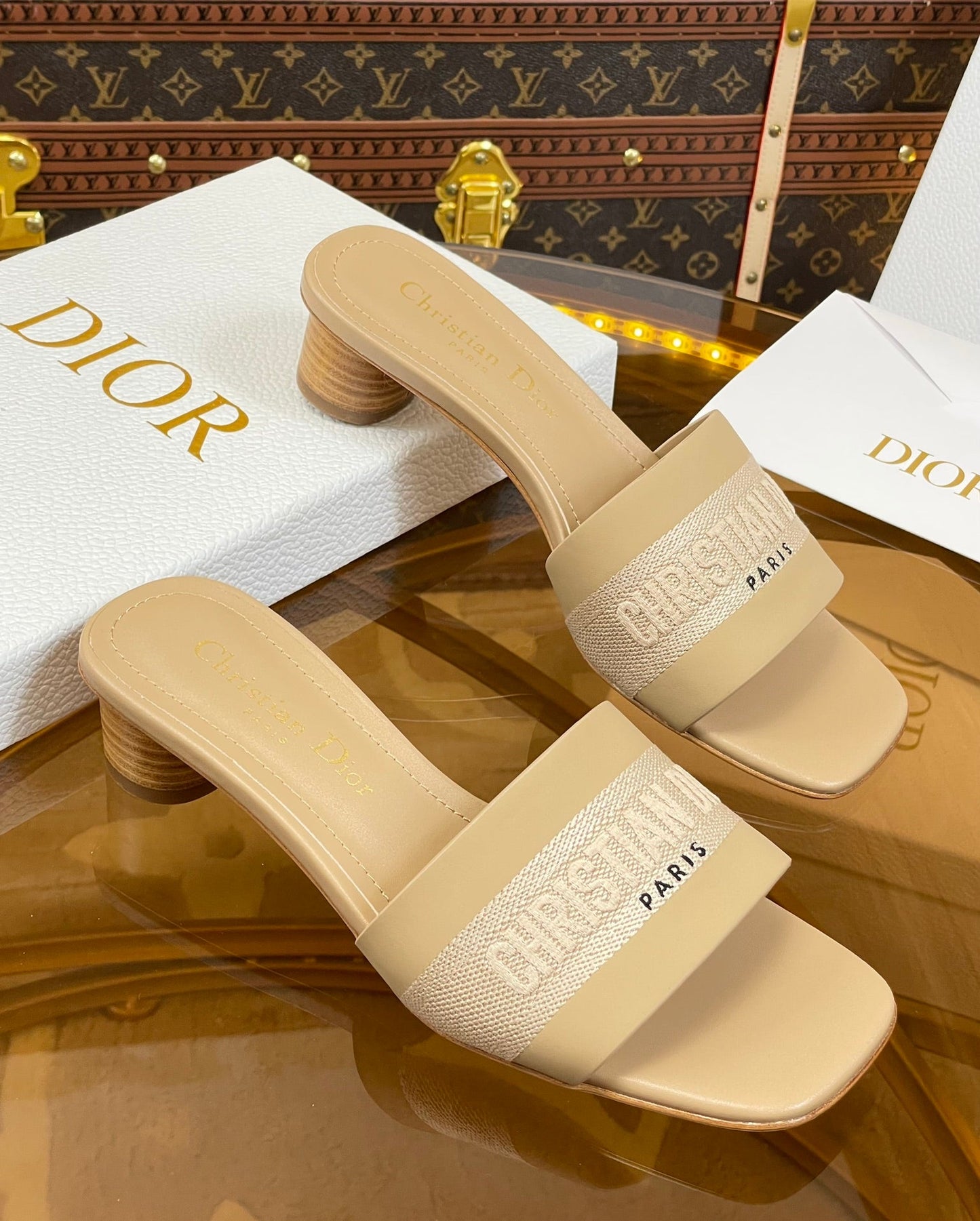 DIOR slide 45 beige calfskin embroidered cotton