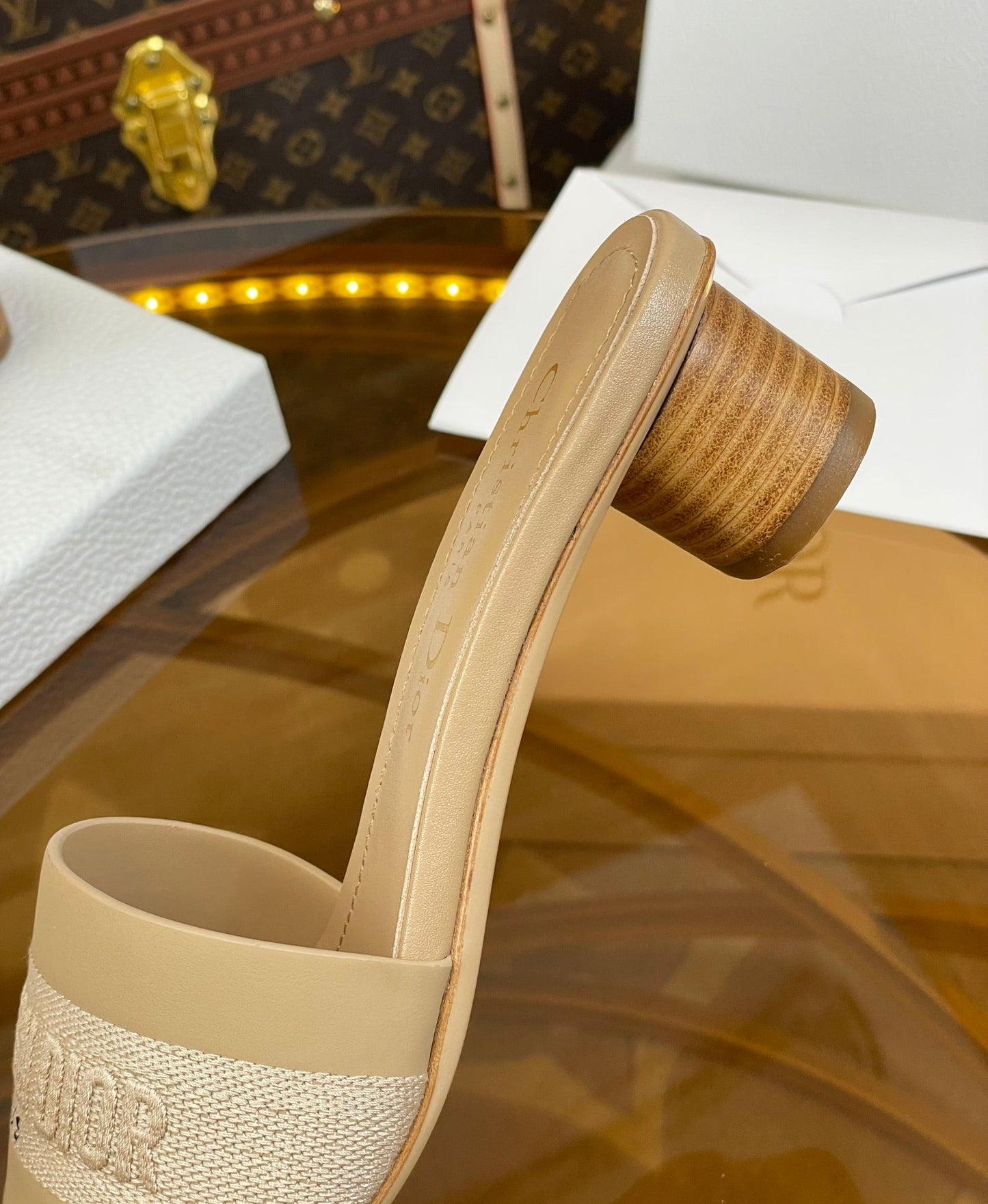 DIOR slide 45 beige calfskin embroidered cotton