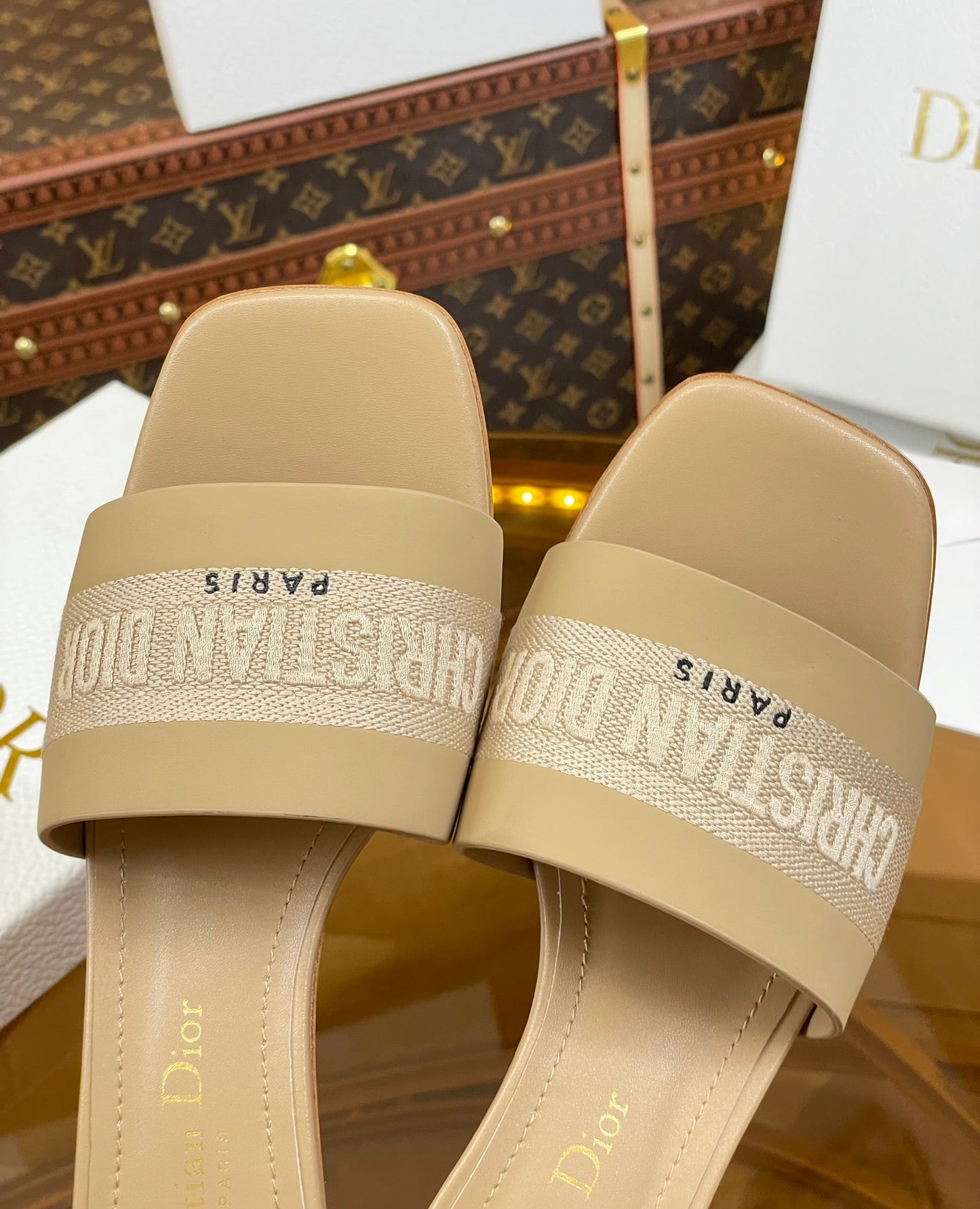 DIOR slide 45 beige calfskin embroidered cotton