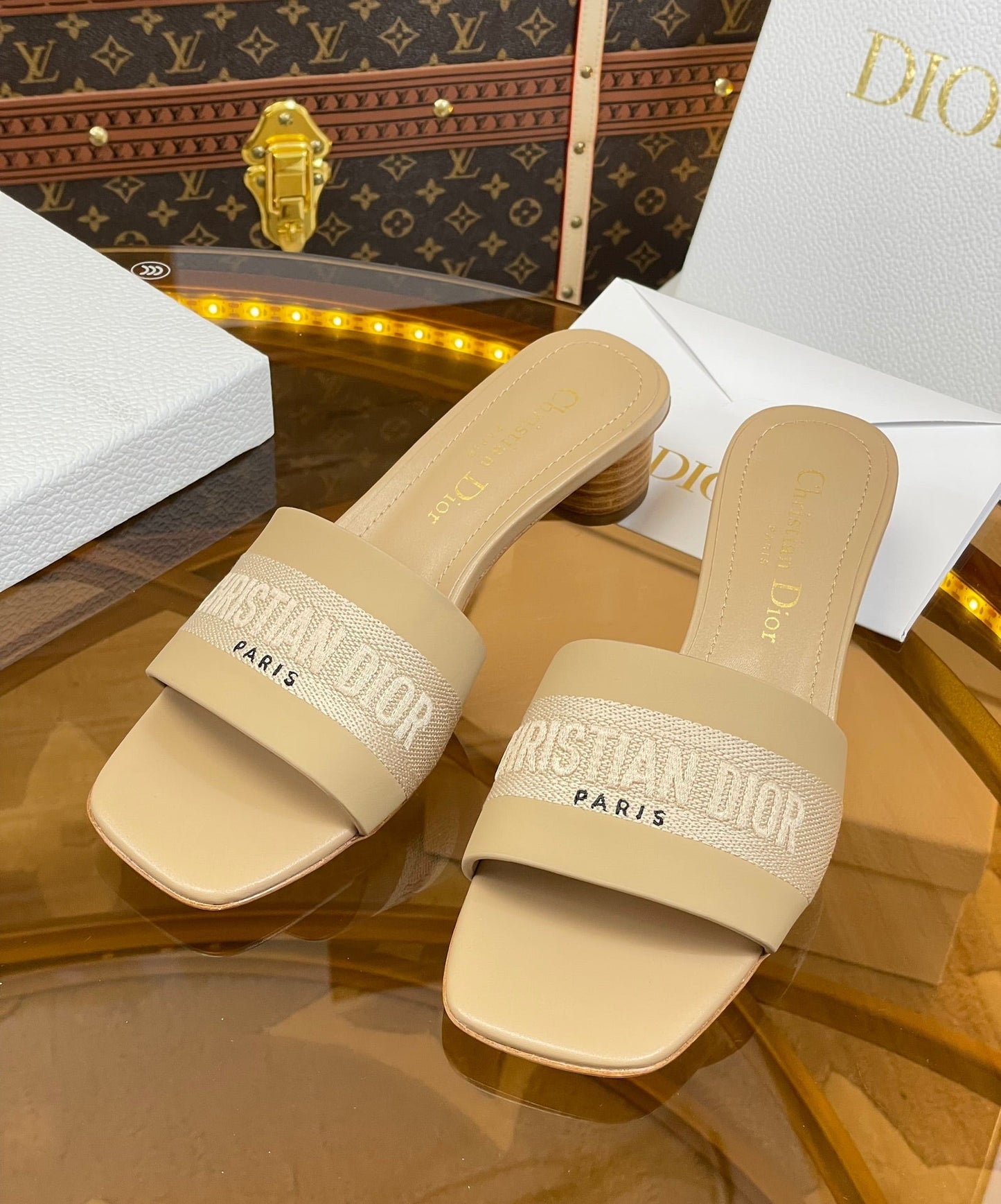 DIOR slide 45 beige calfskin embroidered cotton