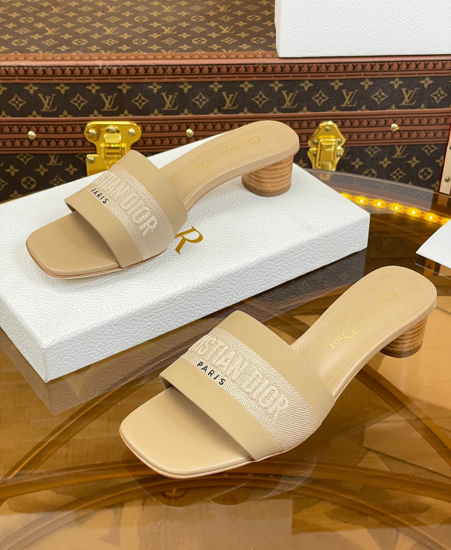 DIOR slide 45 beige calfskin embroidered cotton
