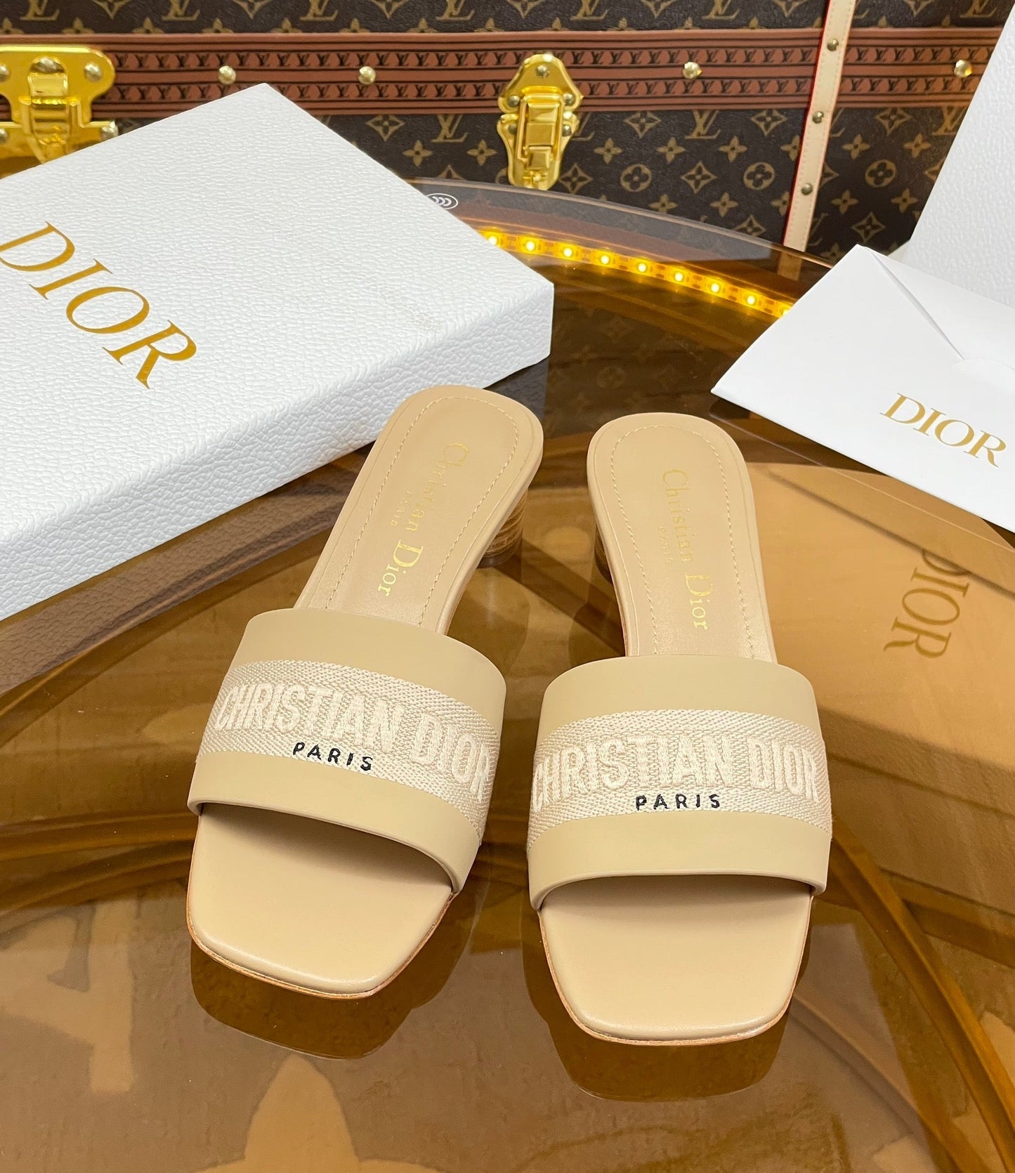 DIOR slide 45 beige calfskin embroidered cotton