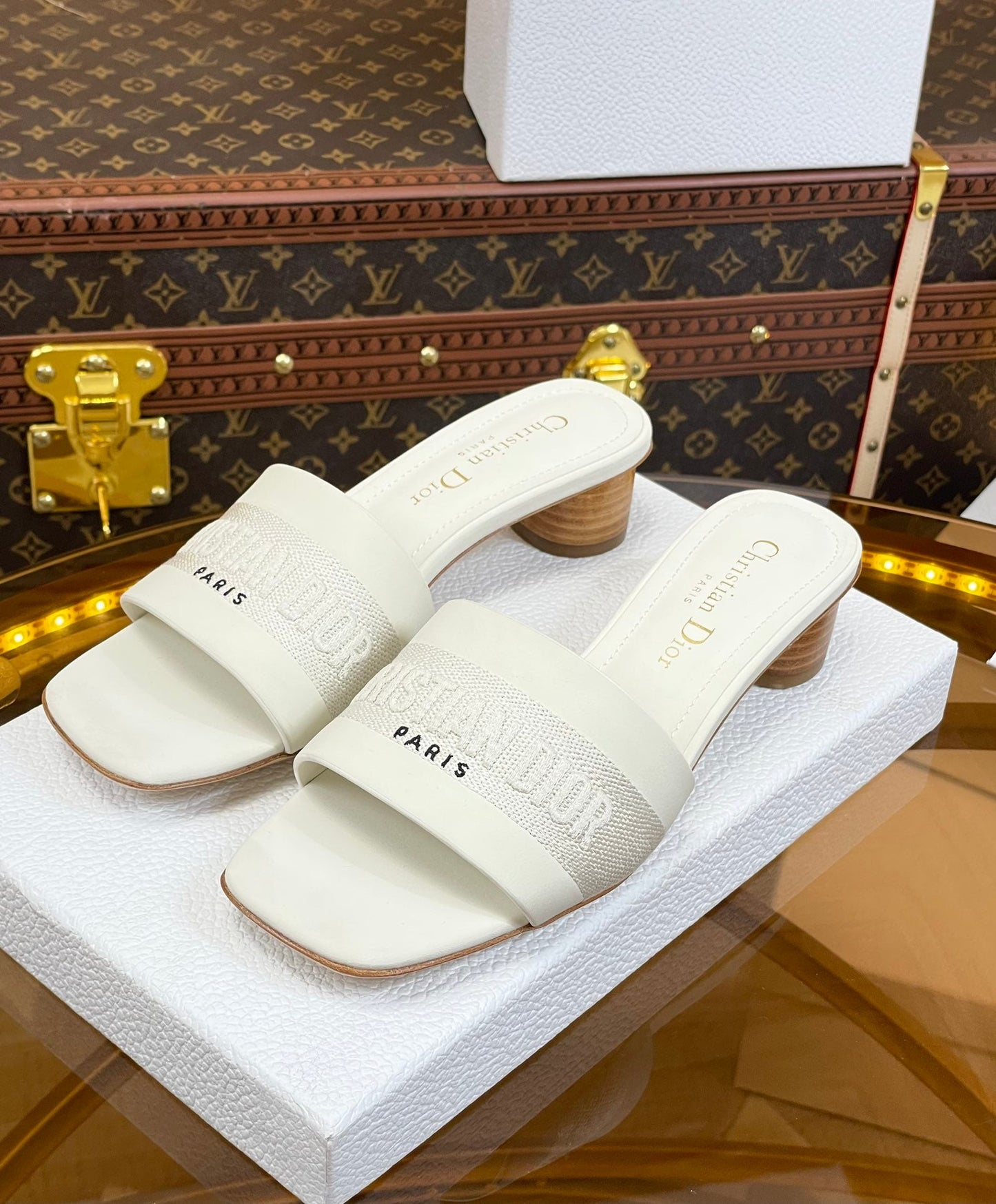 DIOR slide 45 white calfskin embroidered cotton