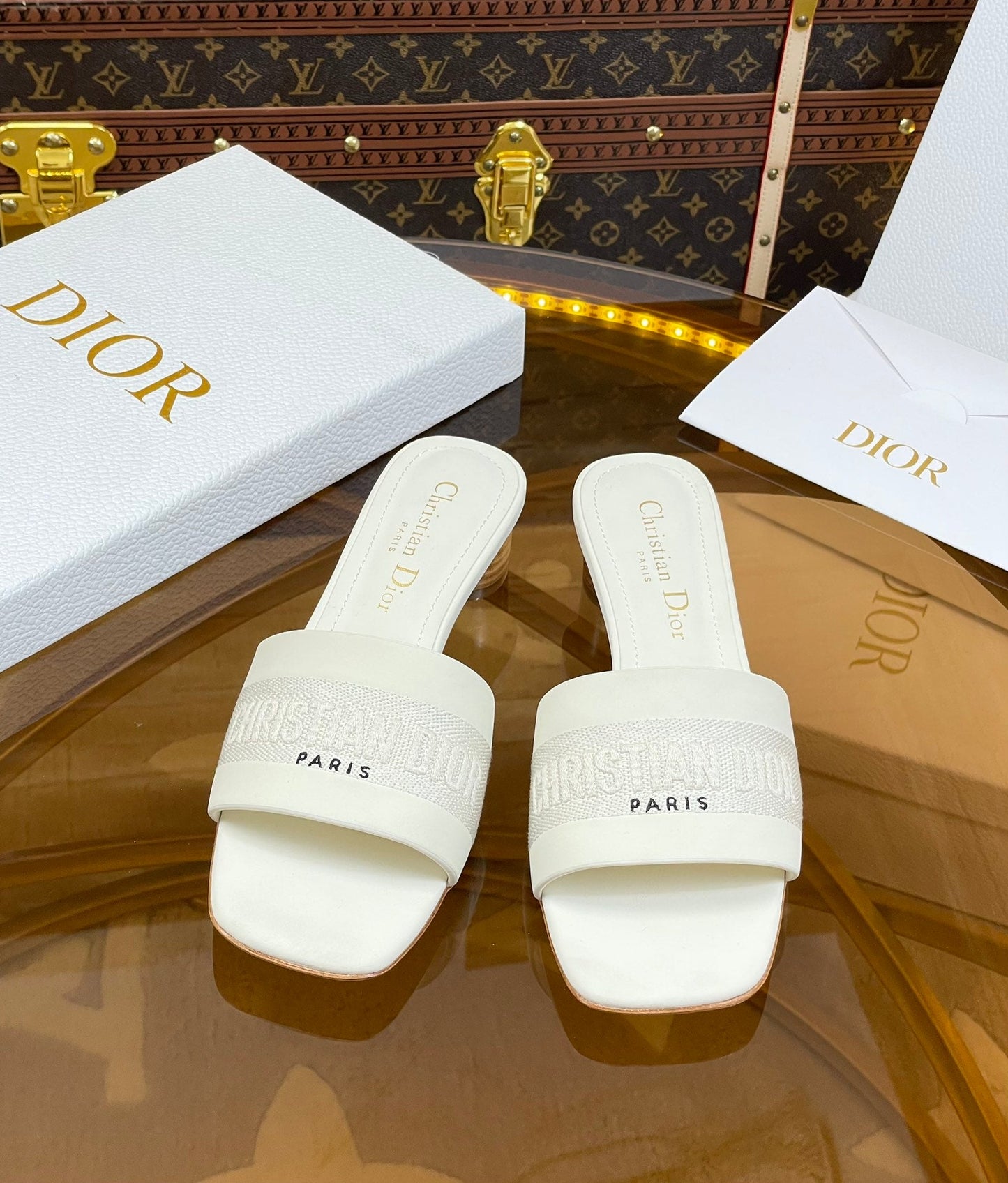 DIOR slide 45 white calfskin embroidered cotton