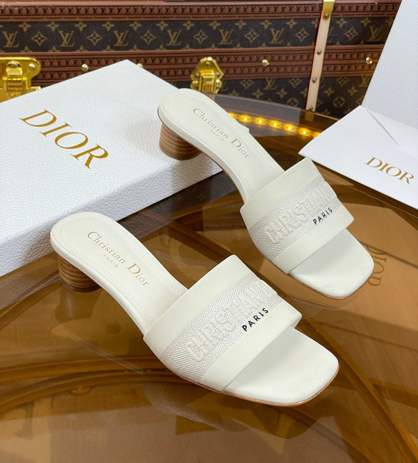 DIOR slide 45 white calfskin embroidered cotton
