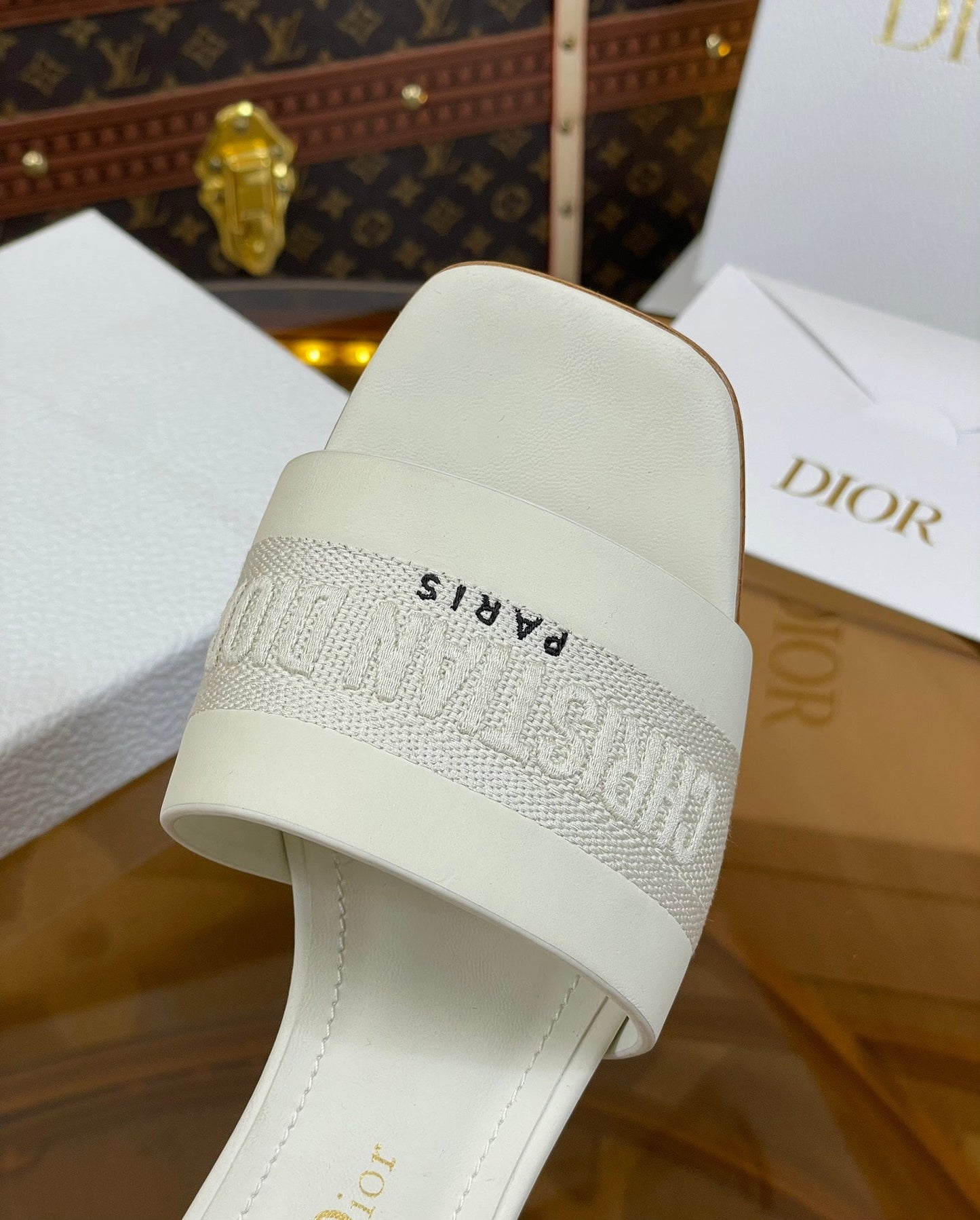 DIOR slide 45 white calfskin embroidered cotton