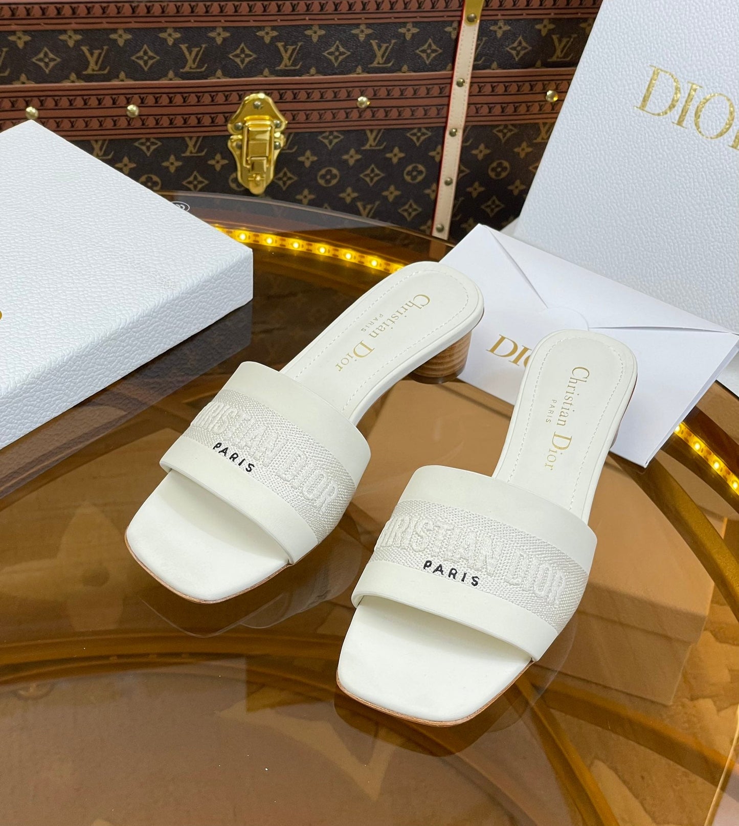 DIOR slide 45 white calfskin embroidered cotton