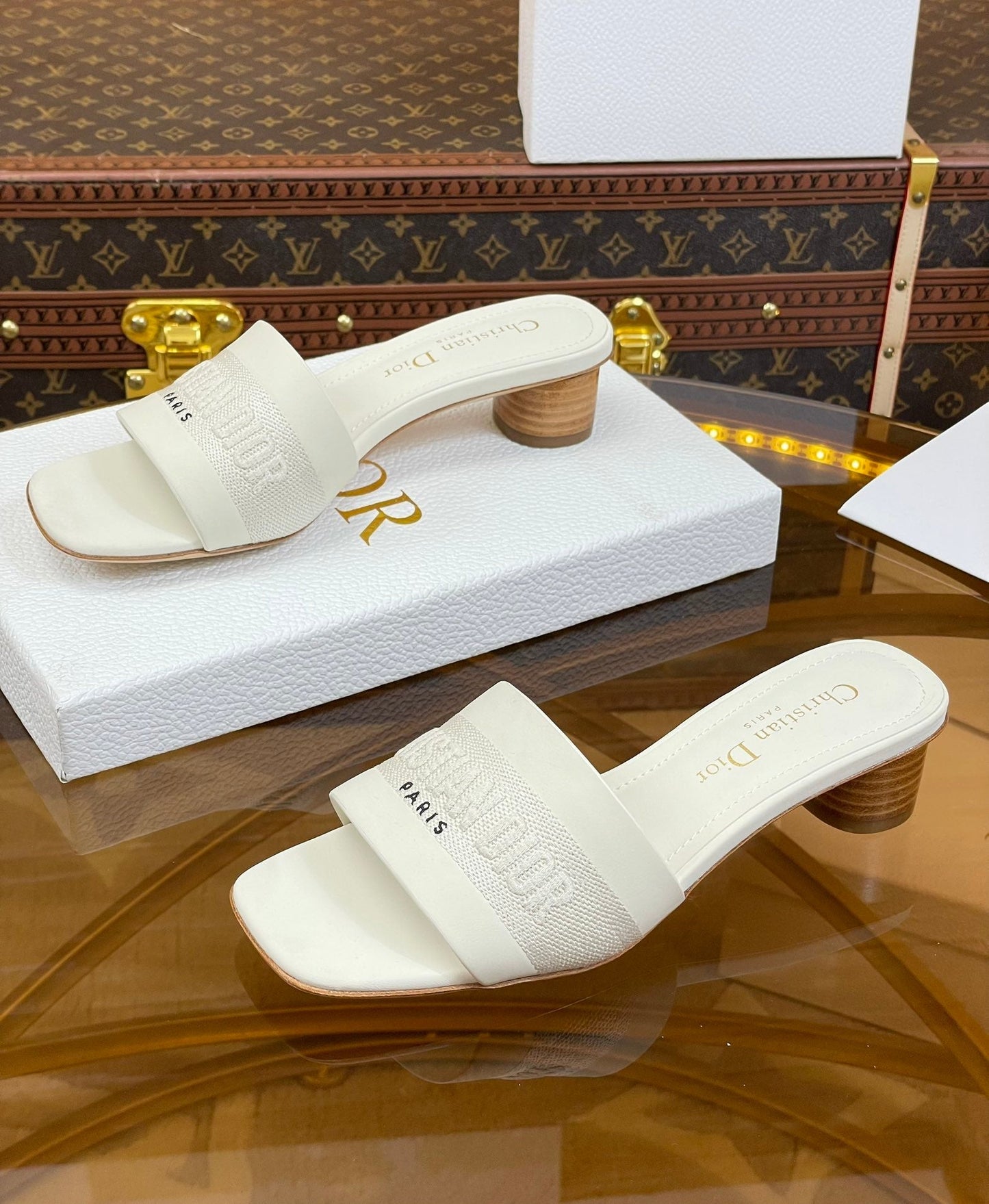 DIOR slide 45 white calfskin embroidered cotton