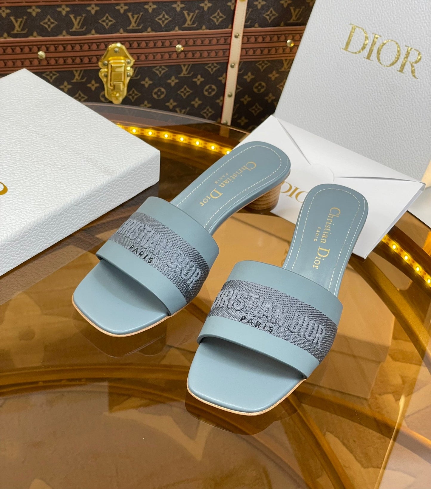 DIOR slide 45 patel blue calfskin embroidered cotton