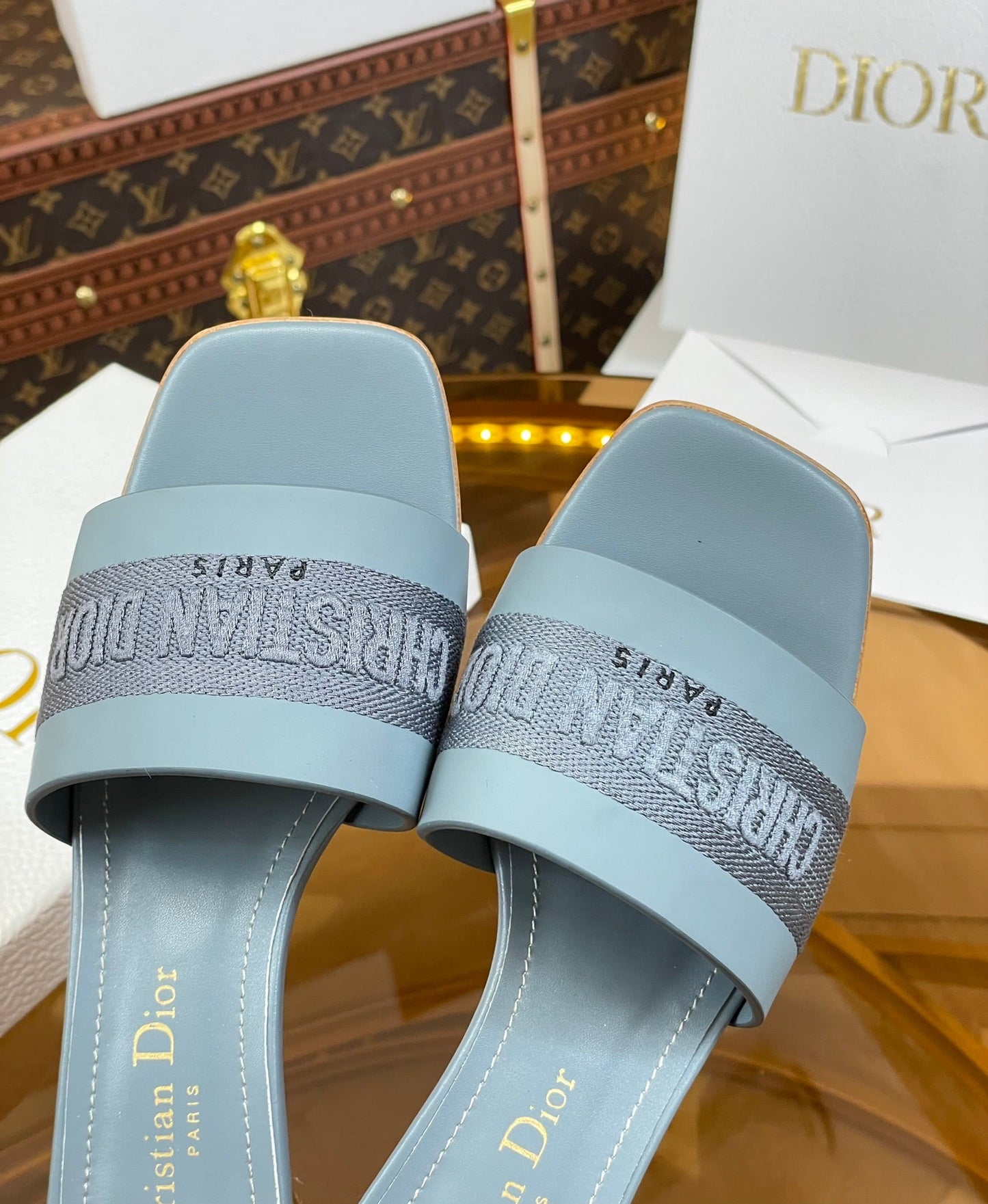 DIOR slide 45 patel blue calfskin embroidered cotton