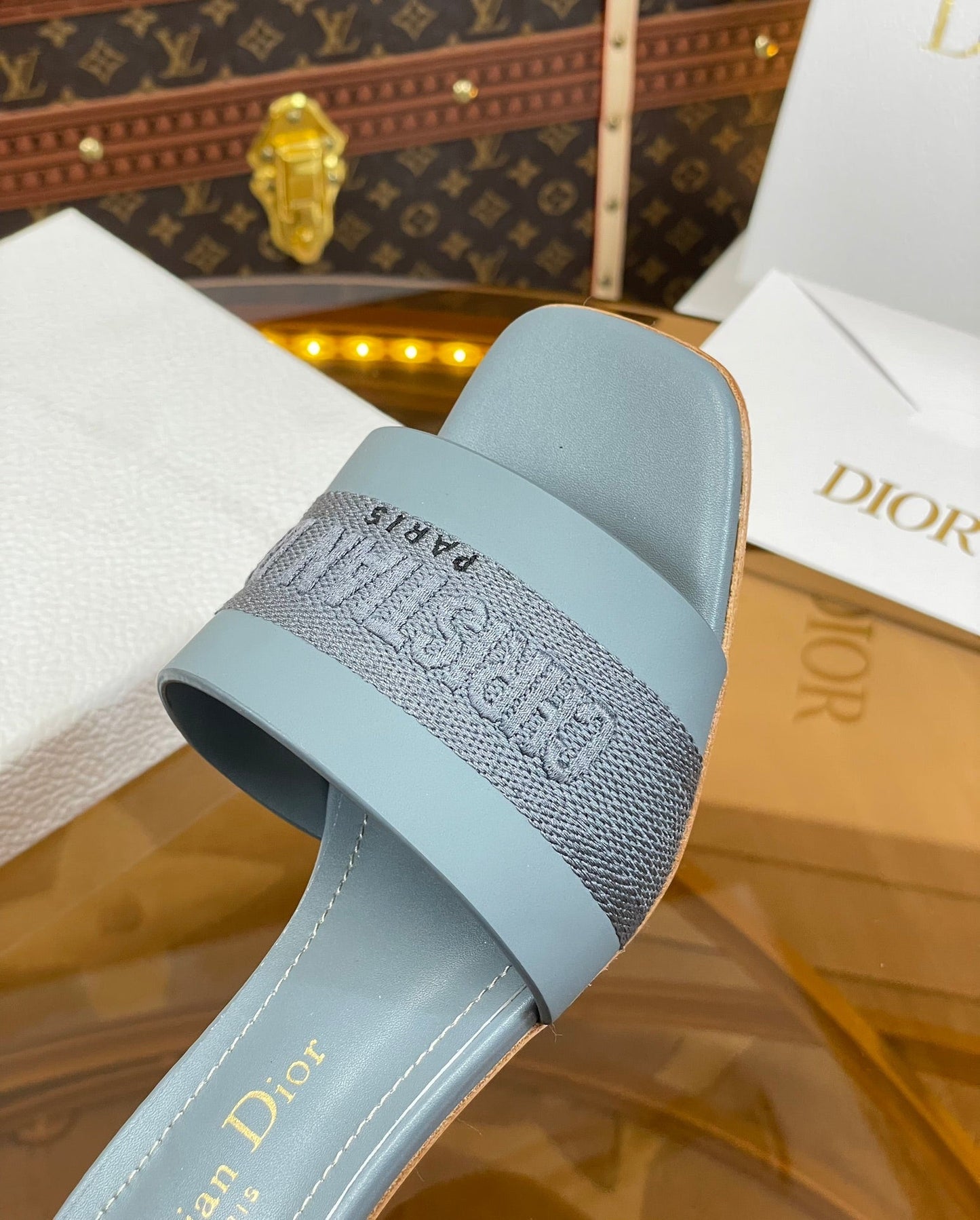 DIOR slide 45 patel blue calfskin embroidered cotton