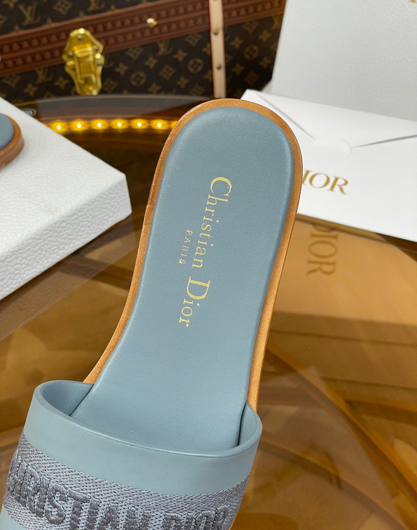 DIOR slide pastel blue calfskin embroidered cotton