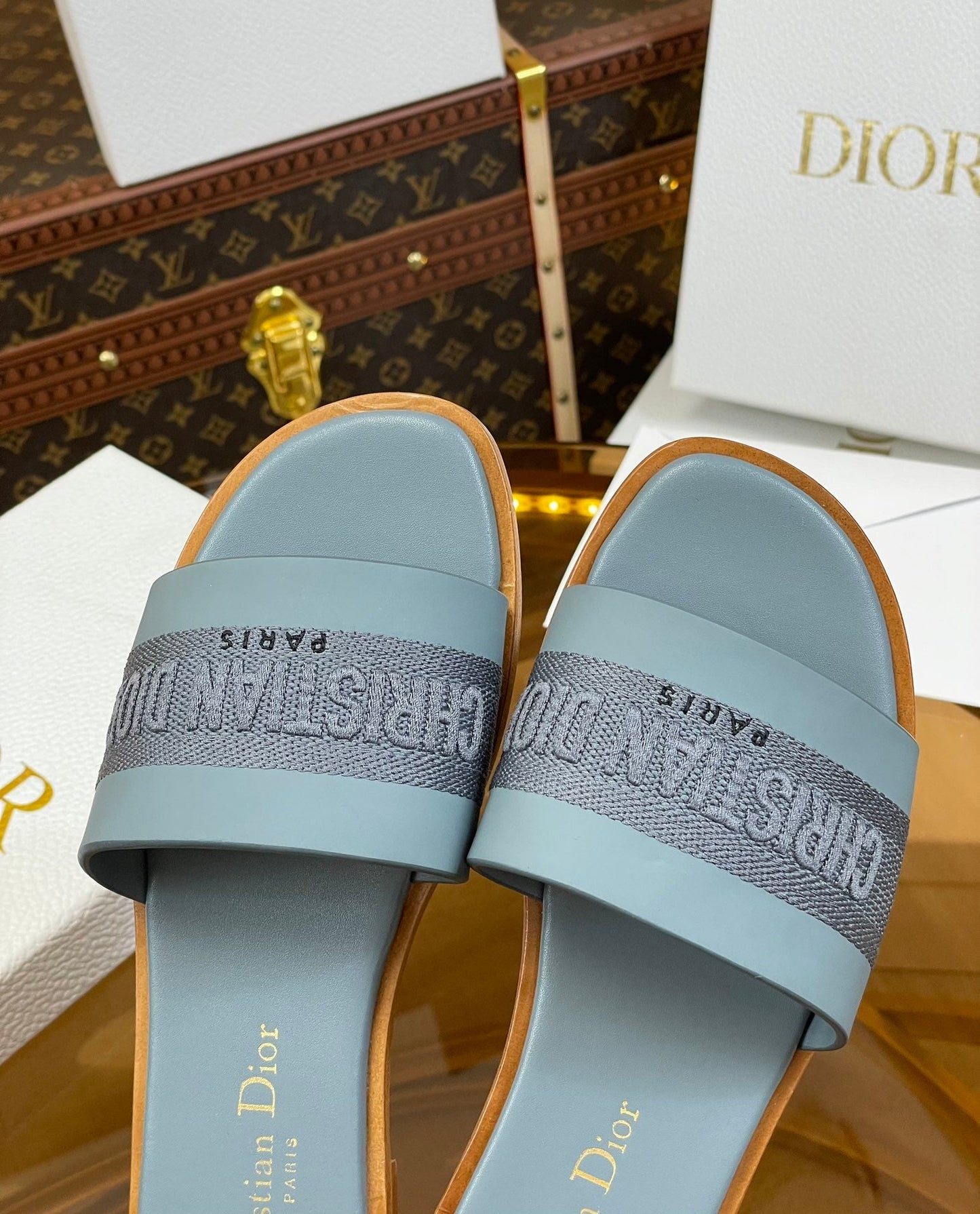 DIOR slide pastel blue calfskin embroidered cotton