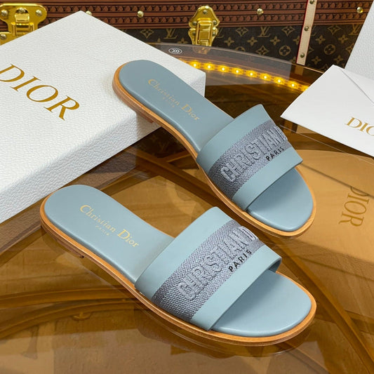 DIOR slide pastel blue calfskin embroidered cotton