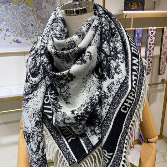 DIOR SQUARE SCARF 140 CM IN BLACK MIX WHITE MONOGRAM CASHMERE AND WOOL 416918