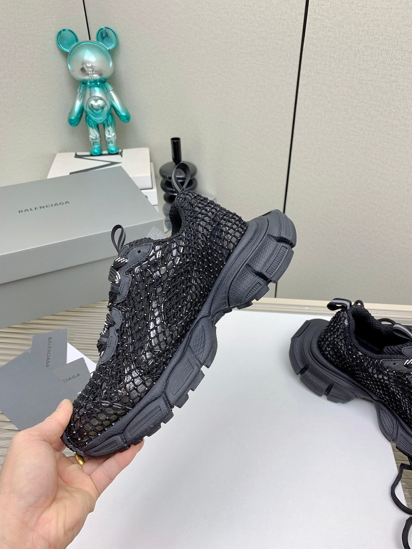 Balanciaga XL FISHNET SNEAKER IN BLACK MESH, POLYURETHANE, POLYESTER WITH RHINESTONES
