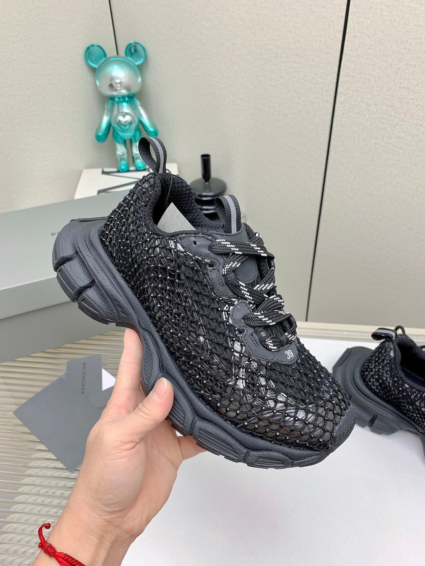 Balanciaga XL FISHNET SNEAKER IN BLACK MESH, POLYURETHANE, POLYESTER WITH RHINESTONES