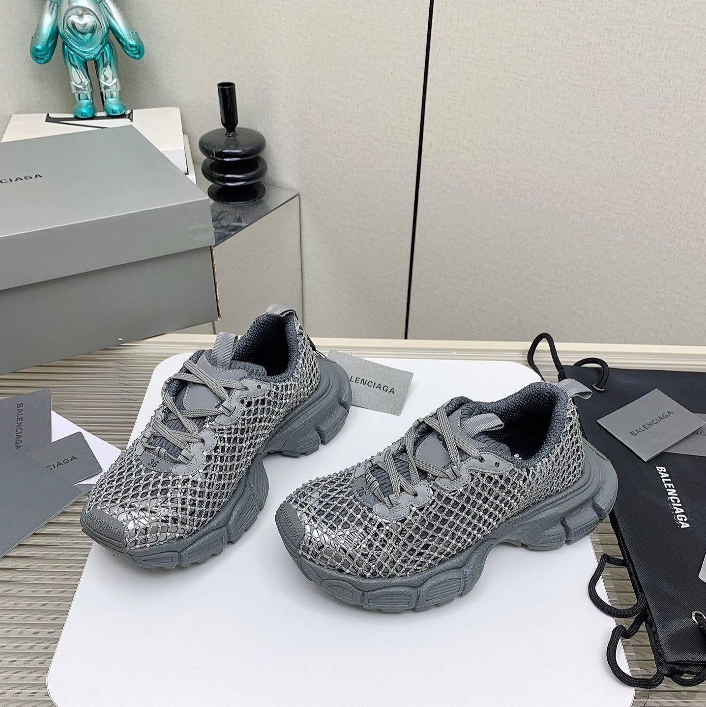 Balanciaga XL FISHNET SNEAKER IN GRAY MESH, POLYURETHANE, POLYESTER WITH RHINESTONES