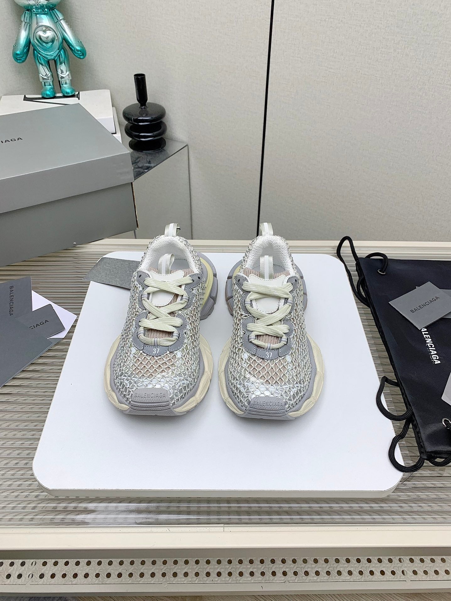Balanciaga XL FISHNET SNEAKER IN GRAY AND BEIGE MESH, POLYURETHANE, POLYESTER WITH RHINESTONES