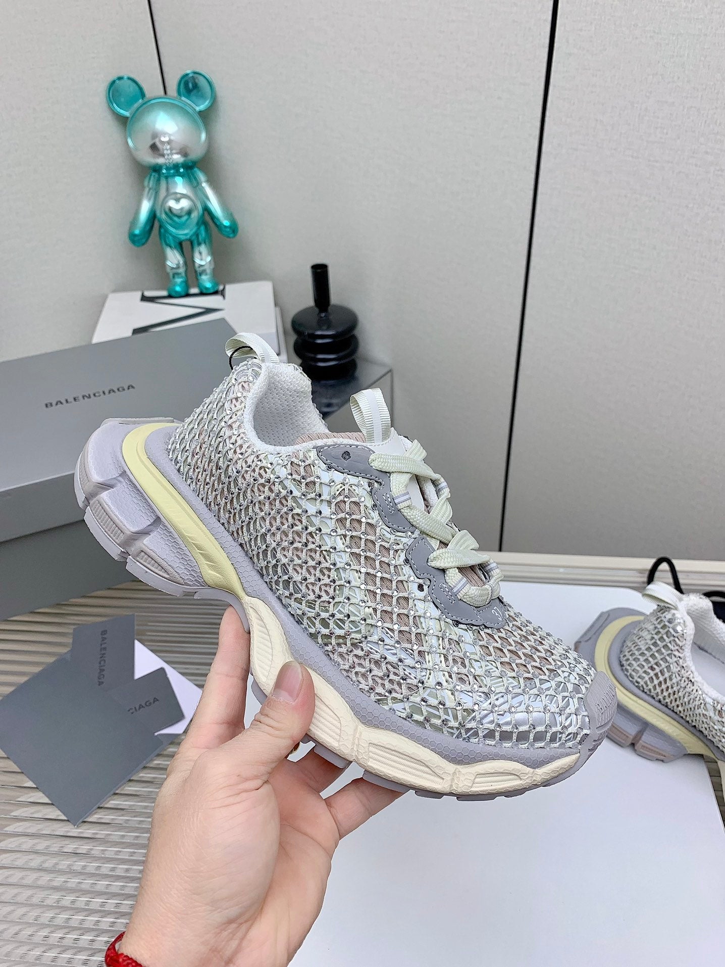 Balanciaga XL FISHNET SNEAKER IN GRAY AND BEIGE MESH, POLYURETHANE, POLYESTER WITH RHINESTONES