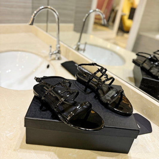 Saint Laurent SL LOGO FLAT SANDALS BLACK POLISHED CALFSKIN