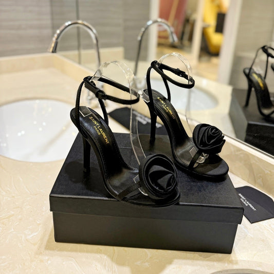 Saint Laurent SL IVY FLORAL HEEL SANDALS BLACK SATIN