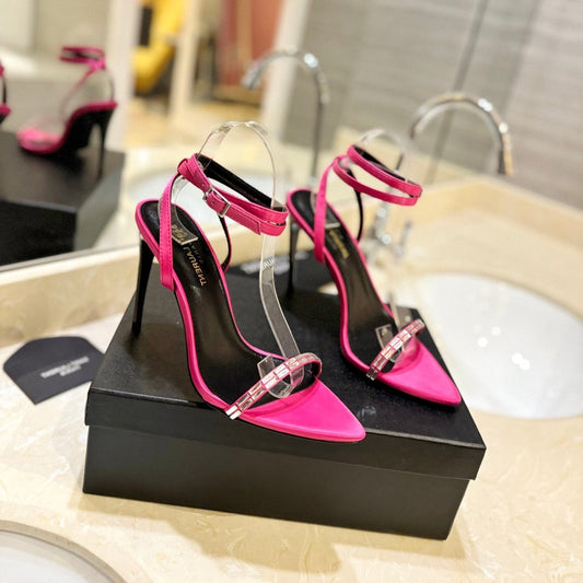 Saint Laurent SL RHINESTONE HEELED SANDALS BRIGHT PINK SATIN