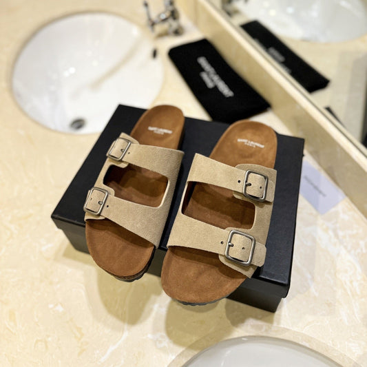 Saint Laurent SL Flat Sandal Women Brown Beige Seude