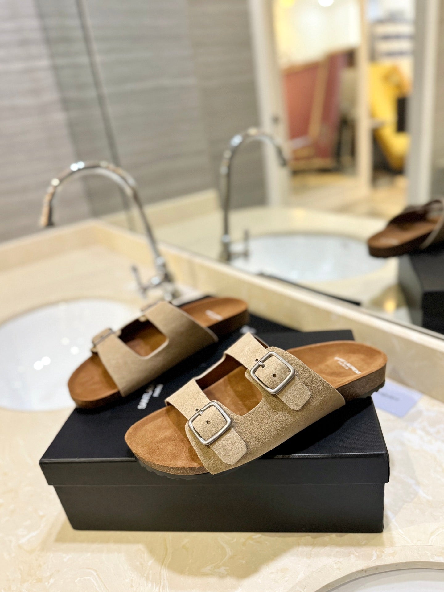 Saint Laurent SL Flat Sandal Women Brown Beige Seude