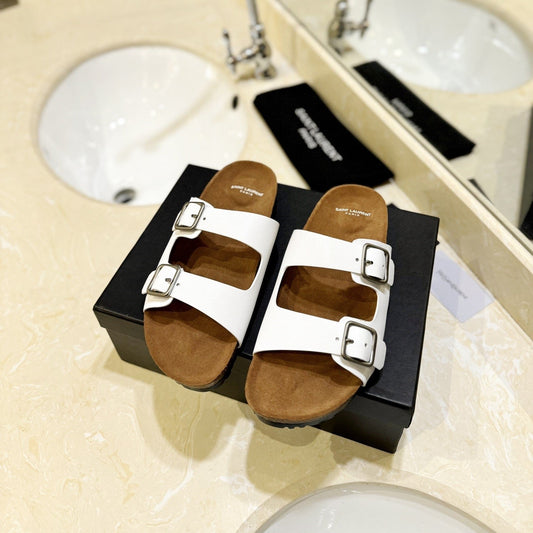 Saint Laurent SL Flat Sandal Women Brown Seude White Calfskin