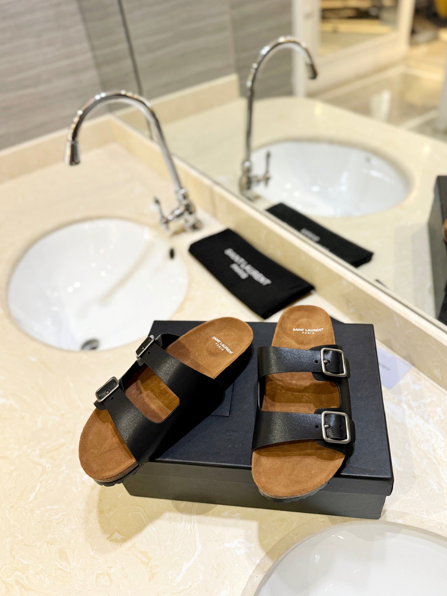 Saint Laurent SL Flat Sandal Women Brown Seude Black Calfskin