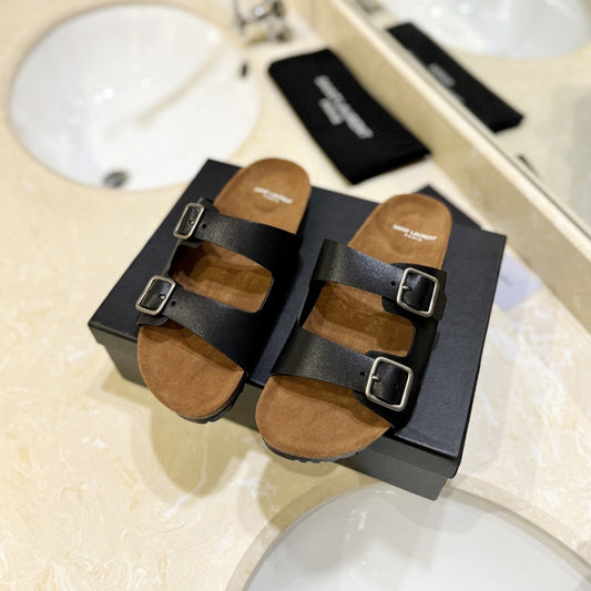 Saint Laurent SL Flat Sandal Women Brown Seude Black Calfskin
