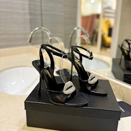 Saint Laurent SL AYERS SNAKE CRYSTAL SANDAL BLACK CALFSKIN