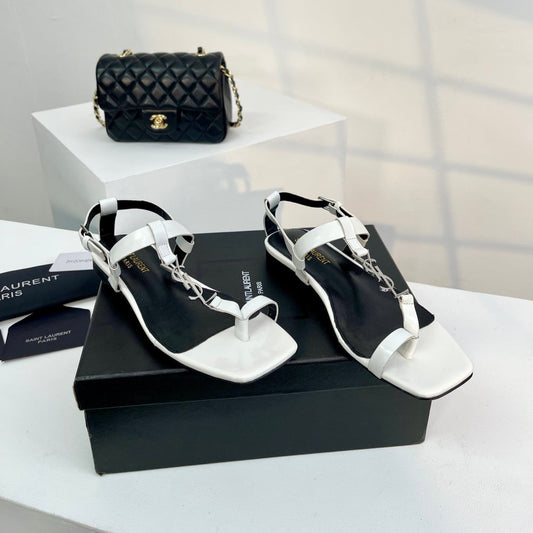 Saint Laurent SL CASSANDRA ONE SANDAL FLAT WHITE CALFSKIN